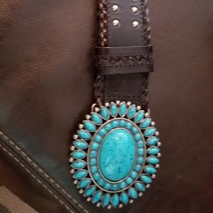 Leather Belt w/Studs & Faux Turquoise Buckle. N